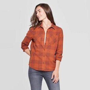 Plaid Long-Sleeve Orange Cotton Flannel Shirt from Universal Thread Small